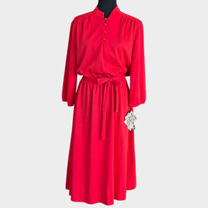 NWT / NOS Vintage 70s Star Shine Red ¾ Sleeve Wool Blend Midi Shirt Dress Sz 16